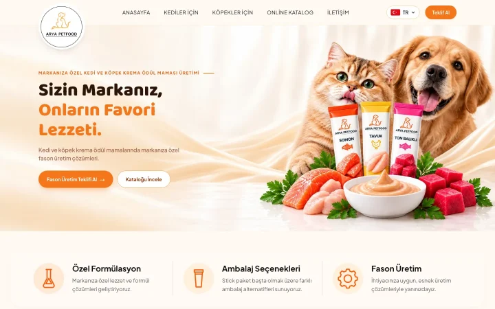Arya Pet Food web sitesi ana sayfası