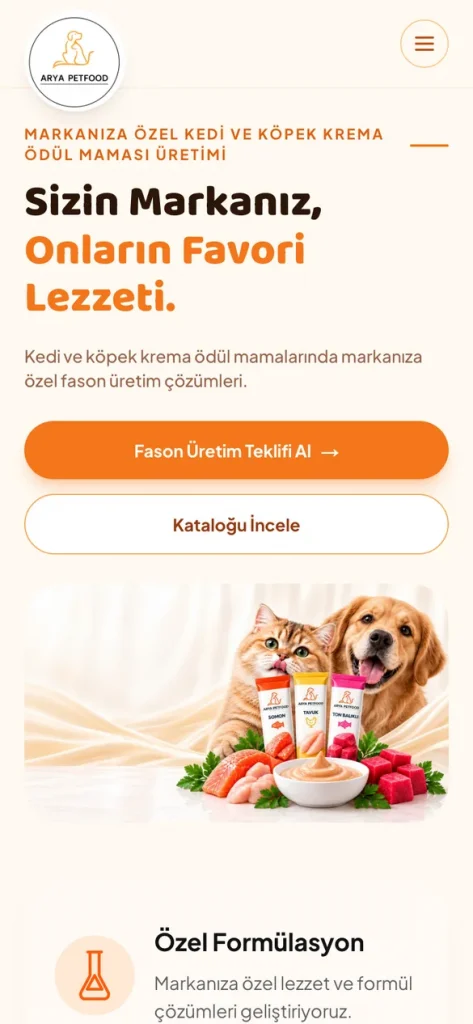 Arya Pet Food web sitesinin mobil görünümü