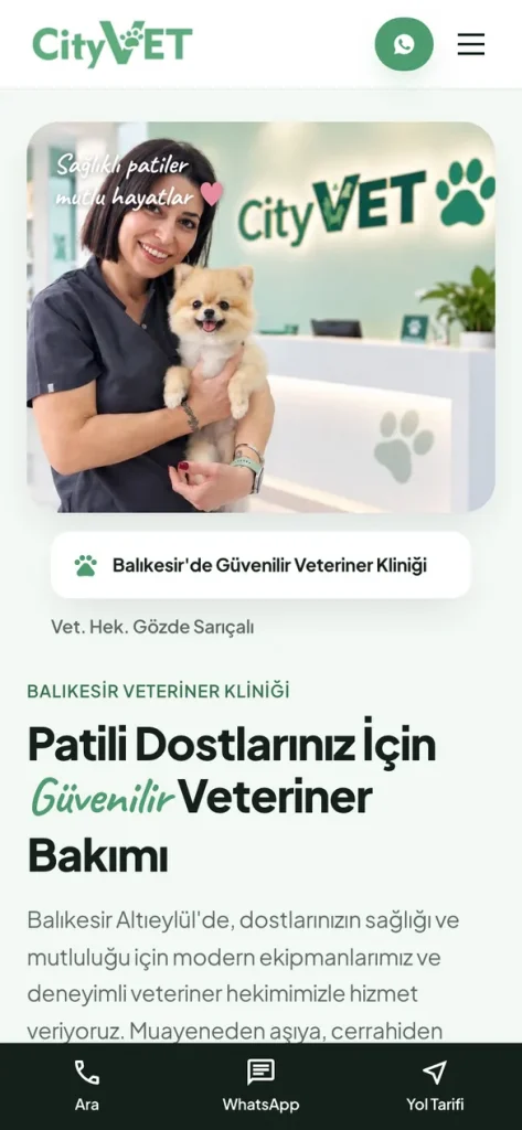 CityVet web sitesinin mobil görünümü